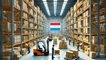 Obraz premium Workers and forklifts organize boxes in a large Luxembourg warehouse, reflecting logistics, commerce, and efficient supply chain operations