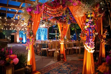 Obraz premium A colorful tent with orange and blue curtains and pillows, generative ai image