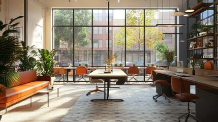 Modern Office Interior with Large Windows and City View