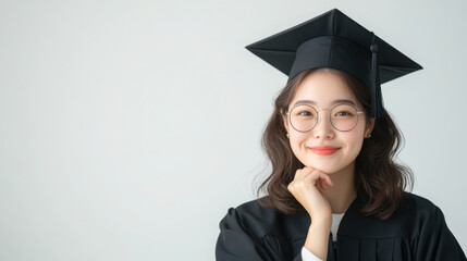 Asian woman in black graduation gown and cap, hands clasped under chin and glasses