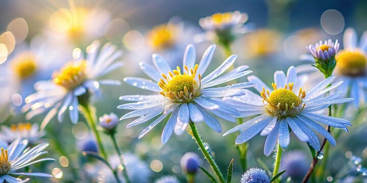 Macro photograph of frost aster flowers with yellow centers and grass field in background creating blurry bokeh effect