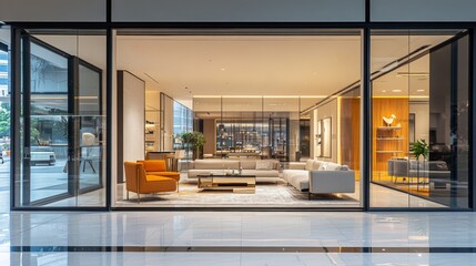 Obraz premium Modern Living Room Interior Viewed Through Glass Doors