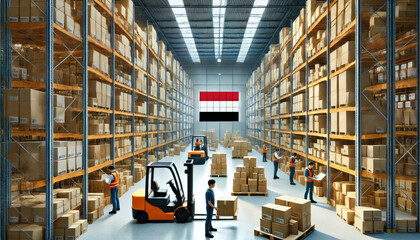 Obraz premium Workers and forklifts organize boxes in a large Yemen warehouse, reflecting logistics, commerce, and efficient supply chain operations