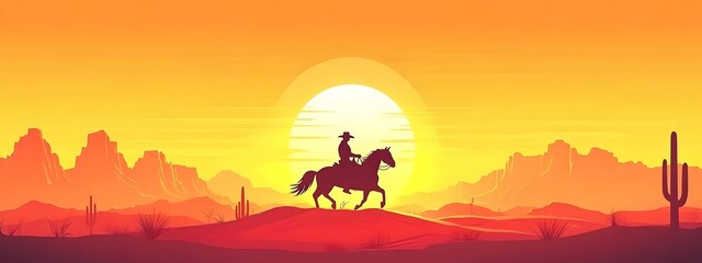 A flat vector illustration of a cowboy riding a horse in a desert landscape, with a sunset in the background