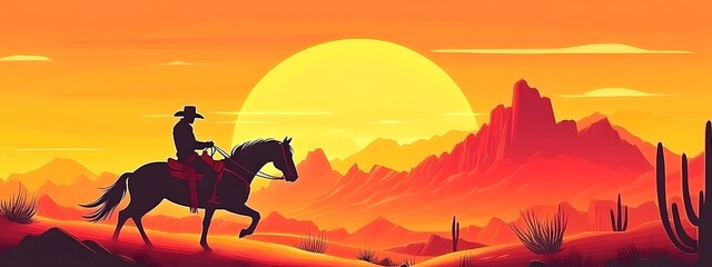 A flat vector illustration of a cowboy riding a horse in a desert landscape, with a sunset in the background
