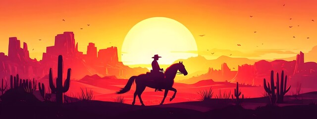A flat vector illustration of a cowboy riding a horse in a desert landscape, with a sunset in the background