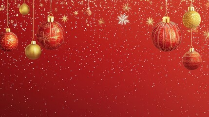 Sparkling Red Christmas Background with Hanging Ornaments