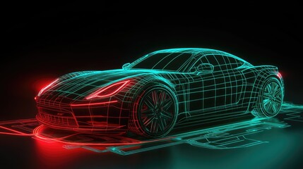 Naklejka premium Neon lights illuminating a futuristic car on a circuit board, symbolizing advanced automotive technology and the crucial role of cybersecurity.