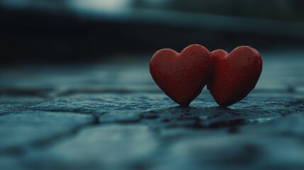 Fototapeta premium Two red hearts on a wooden table, symbol of love and affection 