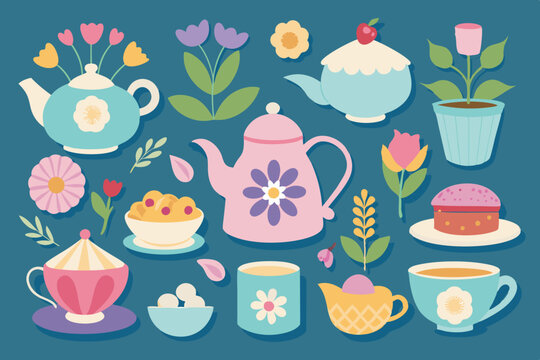 Elegant tea party elements collection with floral and teacup designs for decorations and invitations