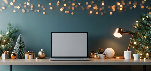 Cozy workspace decorated for the holidays with laptop and festive ornaments.