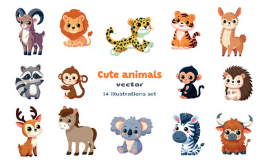 Cute animals set. Childish cartoon illustration. Vector clip art animals isolated on white background Flat design element	