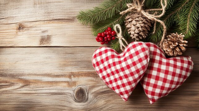 Festive cheer, two red hearts adorning a lush green pine branch - Powered by Adobe