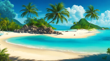 Fototapeta premium Illustration beautiful sandy tropical beach with island on with clouds sky, on a bright background high quality background.