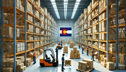 Obraz premium Workers and forklifts organize boxes in a large Colorado warehouse, reflecting logistics, commerce, and efficient supply chain operations