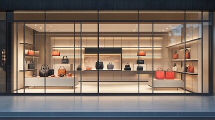 Modern Store Front Displaying Leather Handbags on Shelving