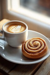 Una taza de café con leche acompañada de un rollo de canela recién horneado, servido en una mesa junto a una ventana soleada.
