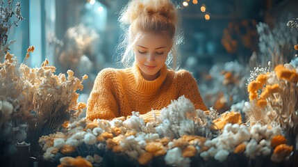 A young woman with blonde hair is surrounded by yellow flowers in a shop. She is wearing a yellow sweater and is looking down at the flowers.