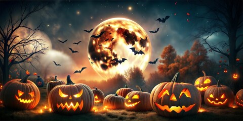 Creepy Halloween night scene with a group of spooky carved Jack o Lantern or scary pumpkins