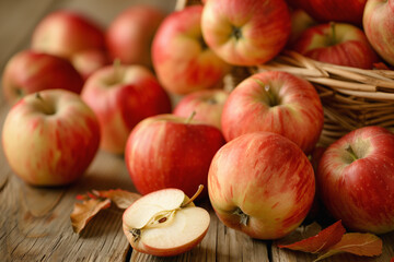 ripe juicy apples in a basket on a wooden table