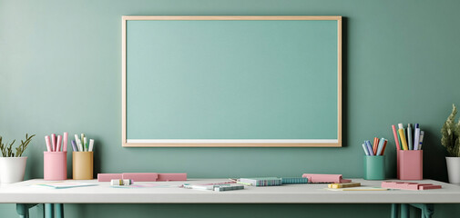 Stylish workspace with a blank frame on the wall and organized stationery on the desk.