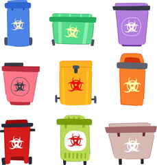 medical waste bin set cartoon. sharps management, environment regulation, compliance segregation medical waste bin sign. isolated symbol vector illustration