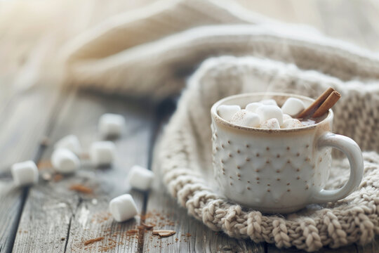 A steaming cup of hot cocoa with marshmallows and a cinnamon stick, surrounded by knitted item on a rustic wooden table.