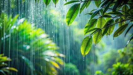 Macro raindrops falling in a rainforest