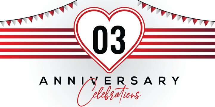 Happy 03rd anniversary card vector template with lovely heart shape.	