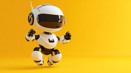 Obraz premium White and yellow robot jumping in the air with a yellow background.