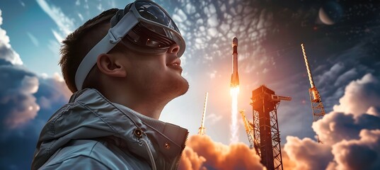 A successful rocket launch, showcasing powerful engines igniting, a fiery blast propelling the spacecraft into the clear blue sky, marking a milestone in space exploration