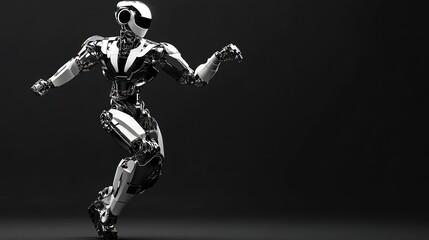 A chrome robot stands in a dynamic pose against a black background.