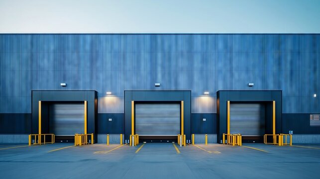 Three loading docks of distribution center with security barriers at dusk
