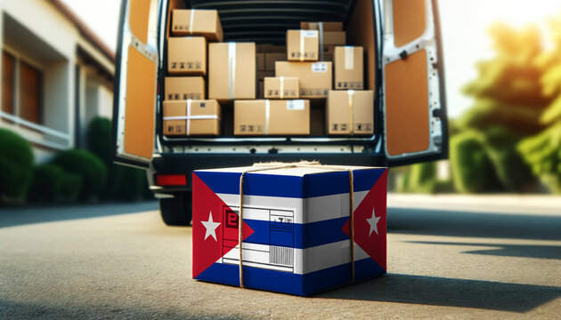 A delivery van loaded with packages, featuring a box wrapped in the Cuba flag. Symbolizes shipping, logistics, and global commerce