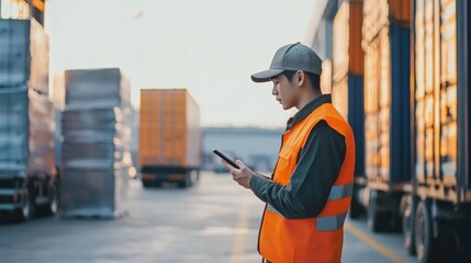Construction worker in safety gear poses beside heavyduty truck on busy construction site