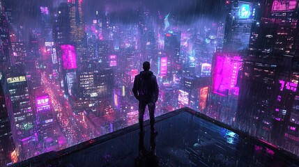 A lone figure stands on a rooftop overlooking a futuristic city, bathed in neon lights and rain.