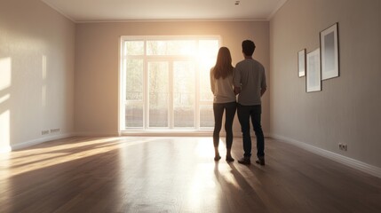 Fototapeta premium Couple Standing in Empty Room Looking Out Window