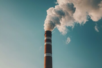 A Brick Chimney with White Bands Emits a Puff of Smoke Against a Blue Sky