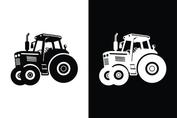 Farm Life in Black And White Tractor Silhouette Vector Icon.