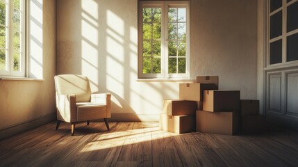 Fototapeta premium Empty Room with Sunlight, Armchair, and Cardboard Boxes