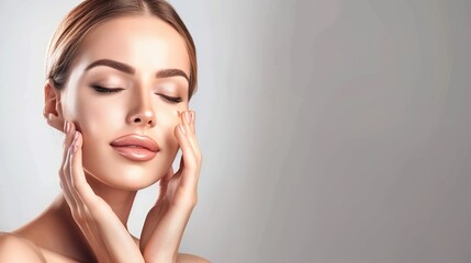 skin care. Beautiful woman touching healthy facial skin portrait. Beautiful smiling Asian girl model with natural makeup, close-up on blue background, touching glowing hydrated skin