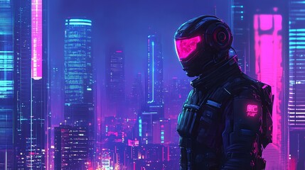 Fototapeta premium A cyberpunk soldier stands in a neon-lit city.