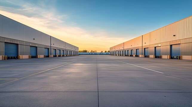 Rows of loading docks on a warehouse building at sunset