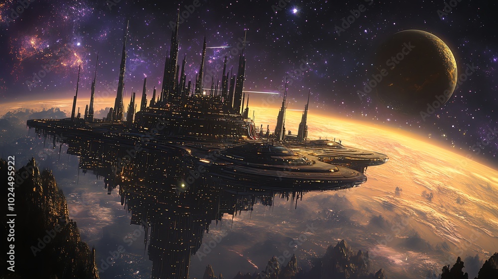 Canvas Prints a futuristic city floating in space above a planet.
