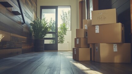 Stack of Cardboard Boxes in a Modern Home Entrance