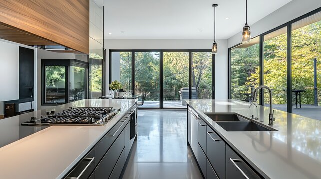 Fototapeta Modern kitchen with white cabinets, stainless steel appliances, and large windows overlooking a wooded area.