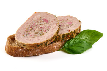 Herb-coated meat roll, isolated on white background.