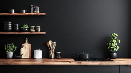 Kitchen interior with black walls, wooden countertops and wooden shelves with cooking utensils