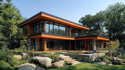 Obraz premium Modern home with large windows, a balcony, and a patio surrounded by lush greenery.
