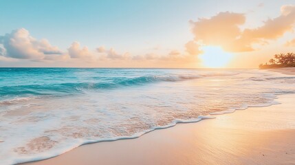 Fototapeta premium A pristine beach with clear blue water and a golden sunset.